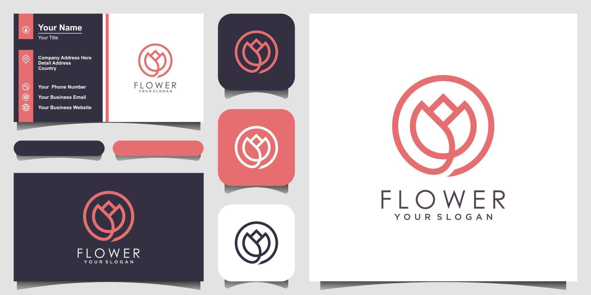 minimalistisk elegant blomrosskönhet med linjekonststil. logotyp användning kosmetika, yoga och spa logotyp design inspiration. uppsättning av logotyp och visitkort design vektor