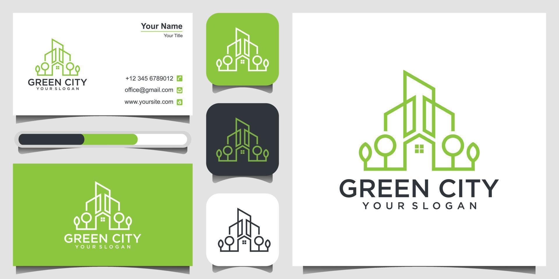 grüne Stadt Immobilien Logo Design Vektor Vorlage Gebäude. minimalistisches Gliederungssymbol für umweltfreundliche Gebäude. Icon und Visitenkarte Premium-Vektor.