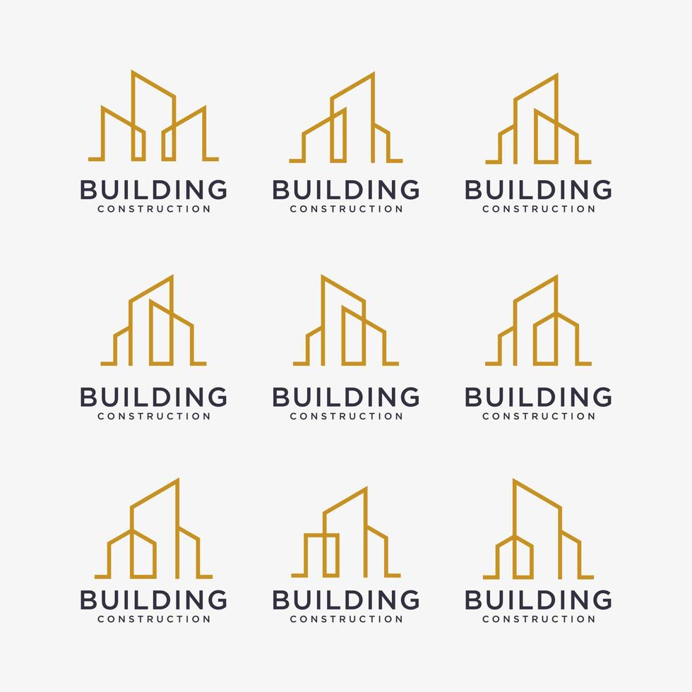 uppsättning av gyllene byggnadslogotypdesigner. konstruktion logotyp design med linjekonst stil. vektor