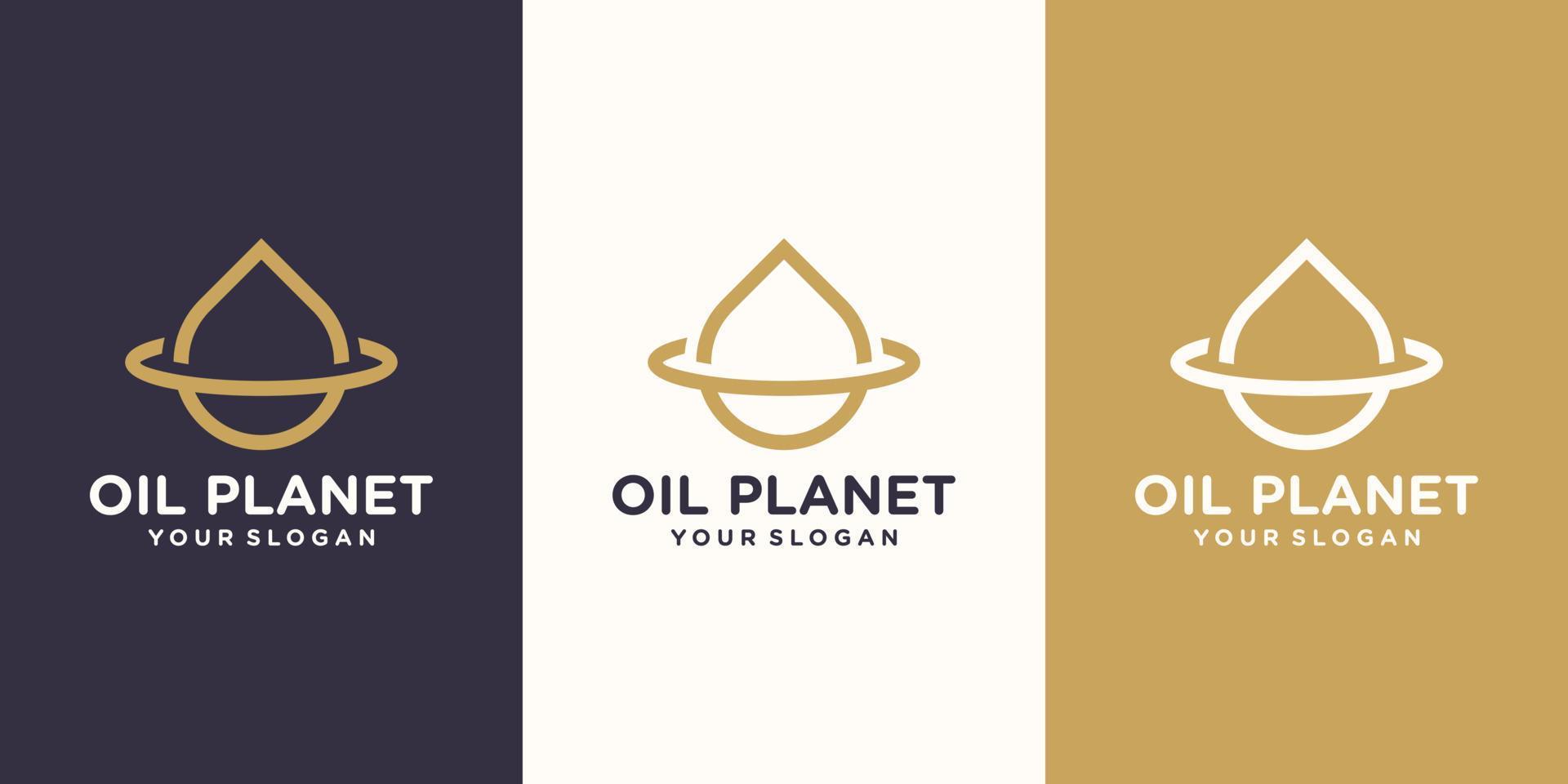 vattendroppelogotyp kombinerad med en planetring. olja olivplanet. uppsättning av logotyp och visitkort design vektor