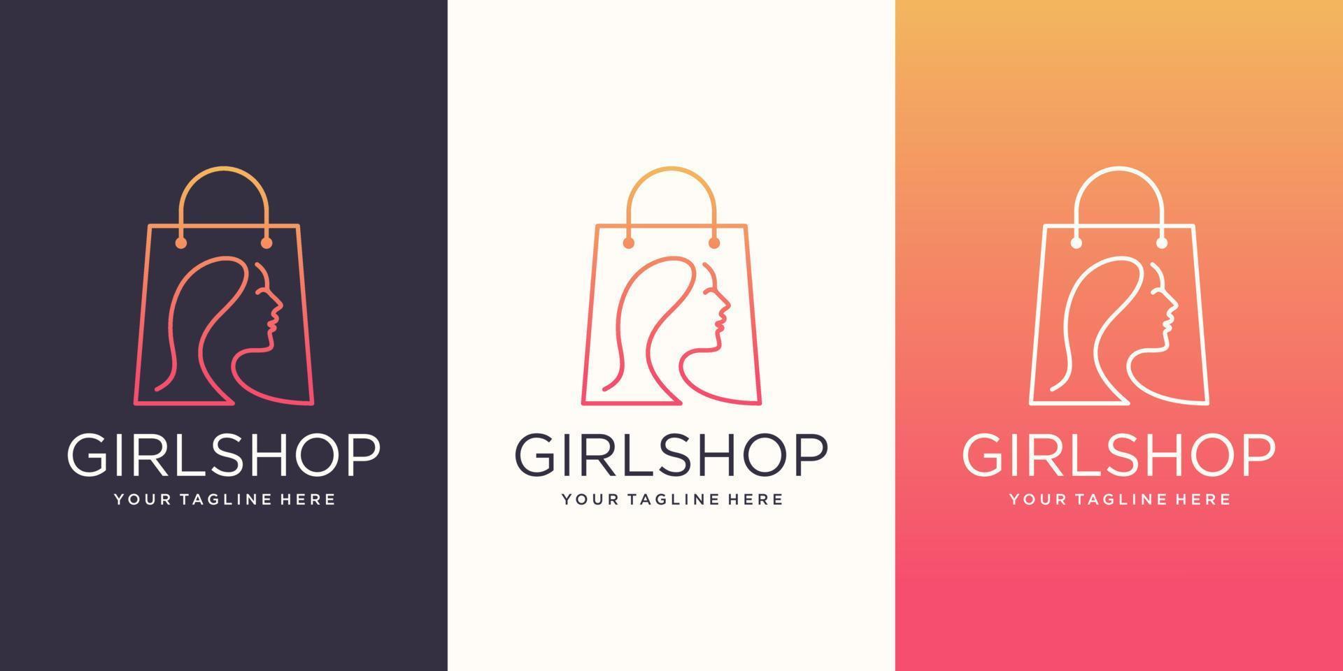 Mädchen-Shop-Logo-Design-Vorlage, Tasche kombiniert mit Kopffrauen. vektor