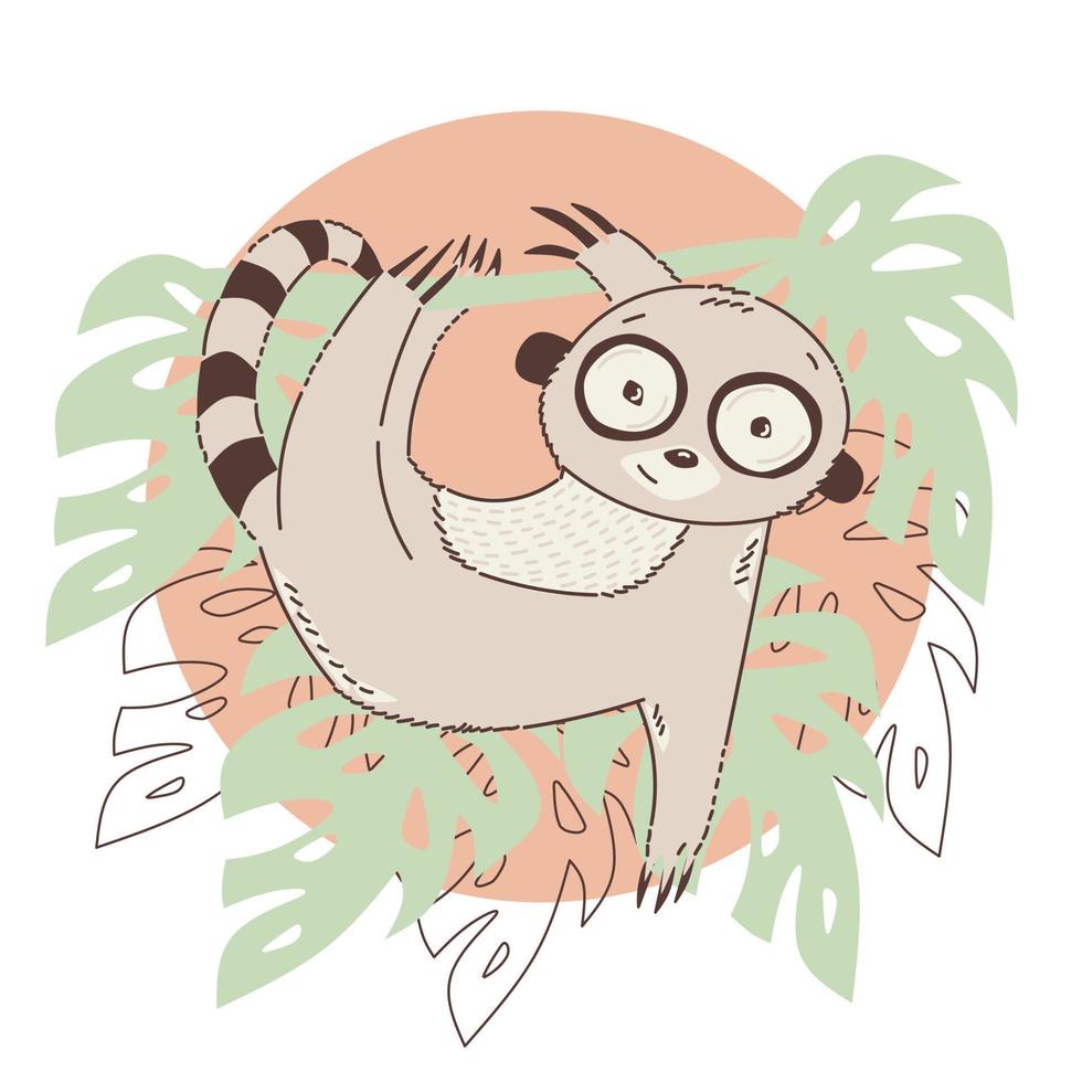 vektor illustration med lemur på grön gren. handritad bild.
