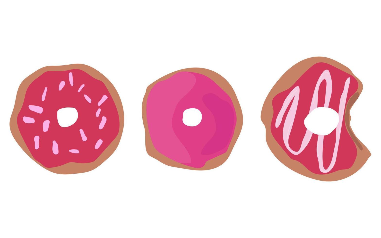 Satz von drei Donuts mit rosa Zuckerglasur-Donut-Symbol, Vektorillustration. vektor