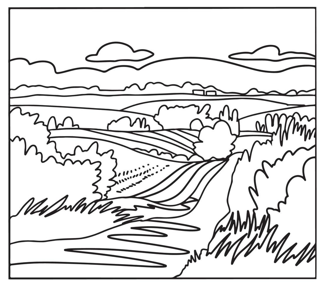 Malbuch . schöne Landschaft. Vektor Kunst Linie Hintergrund.