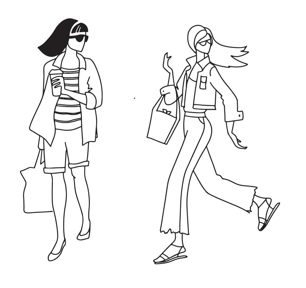 lineare Skizze von Mädchenfiguren, Modeillustration Mädchen Vektorsilhouetten einer Frau, lineare Skizze, schwarz und weiß vektor