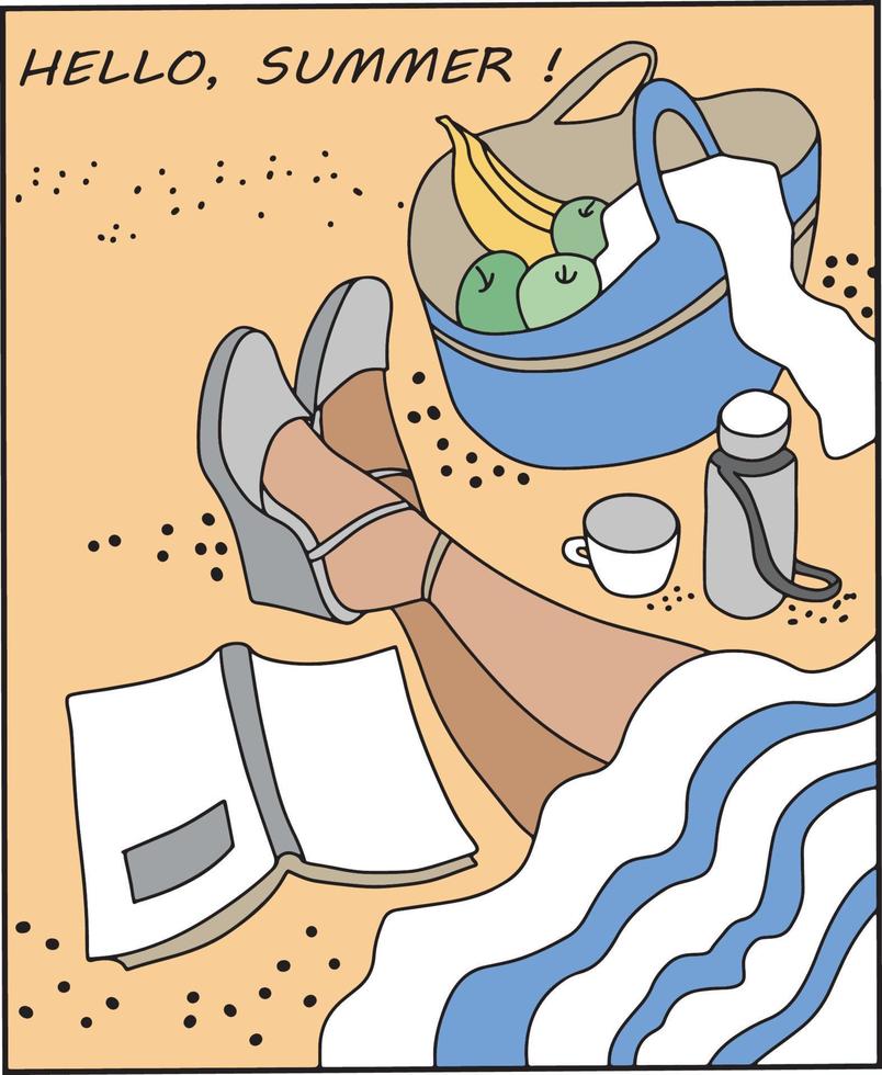 das Mädchen in einem Strand. mädchen am strand, picknick mit korb und kaffeevektorillustration. vektor
