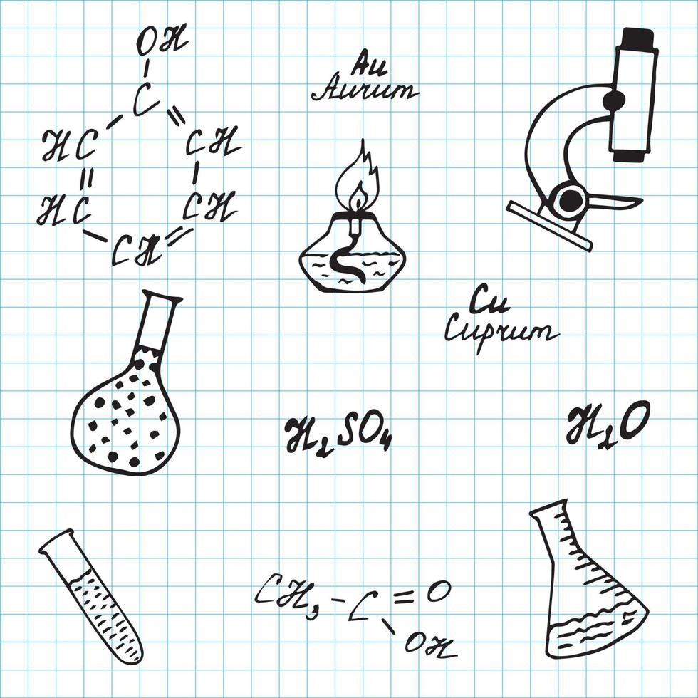 doodle illustration av kemiska formler, provrör och andra attribut av kemi på bakgrunden av en rutig skolanteckningsbok vektor