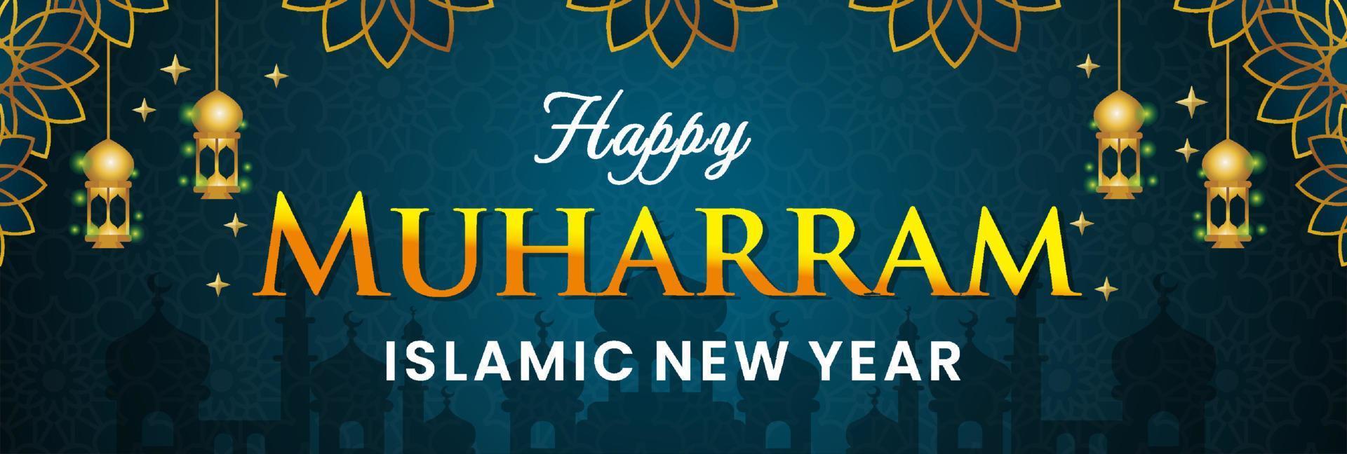 blaues islamisches neujahrsbanner mit blumen- und moscheehintergrund vektor