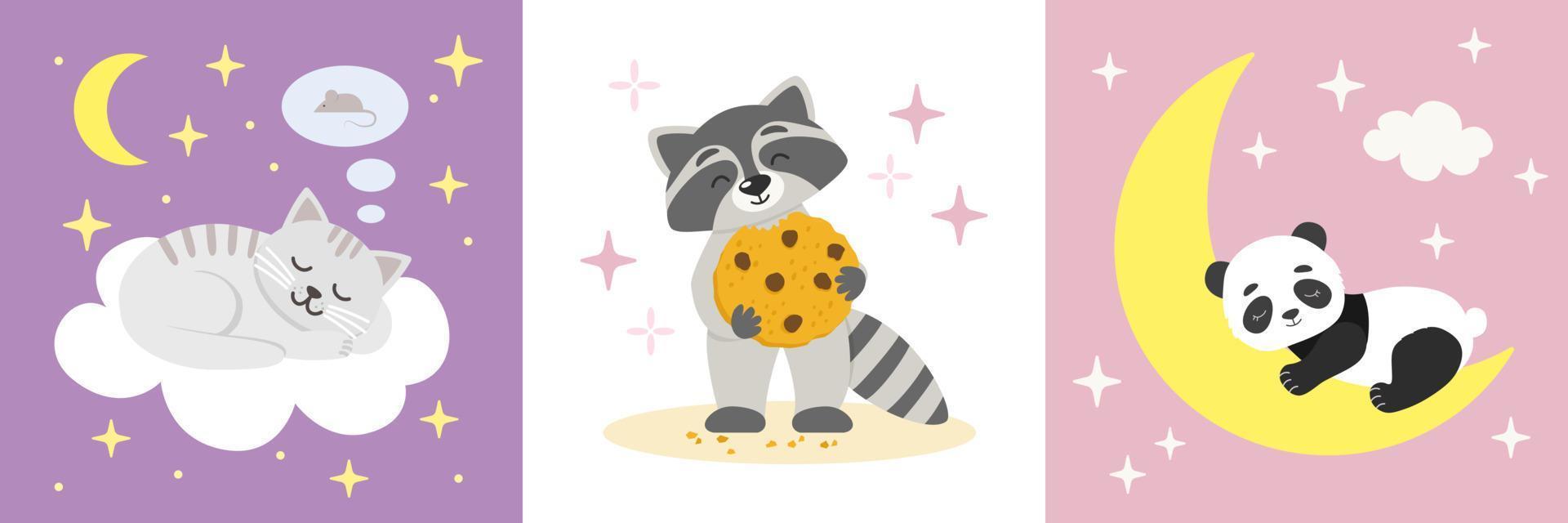 niedliches tierposterset. Pandabär, der auf dem Mond schläft. Waschbär hält Plätzchen. Katze schläft auf der Wolke. kawaii tiercharakter design. flaches vektorposterset für kinderzimmer, grußkarten, einladung vektor