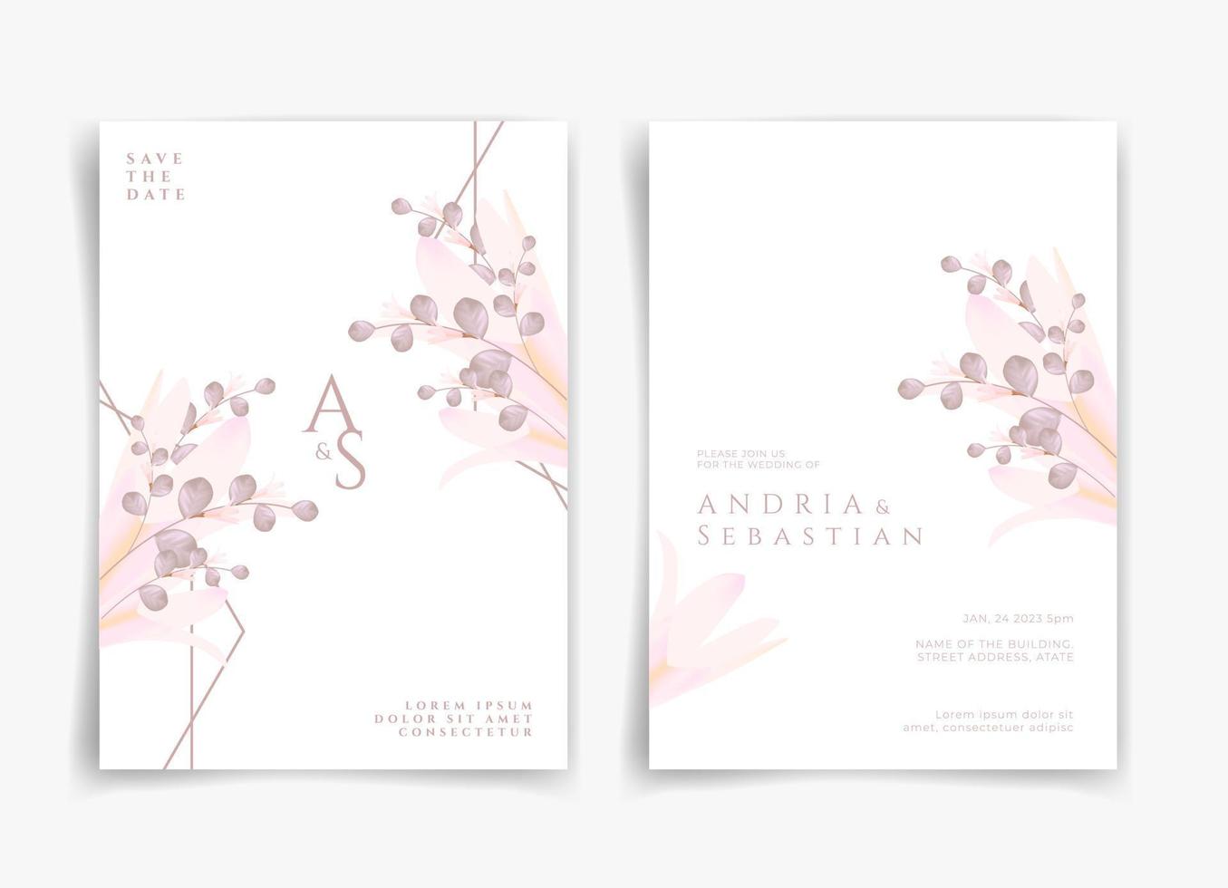 rosafarbene Hochzeitskarte oder Einladungskarte mit rosa Blumen- und Blattthema Vorder- und Rückseite. Hochzeitskarte Natur. Naturabdeckung. Vorlage für Hochzeitskarten. vektor