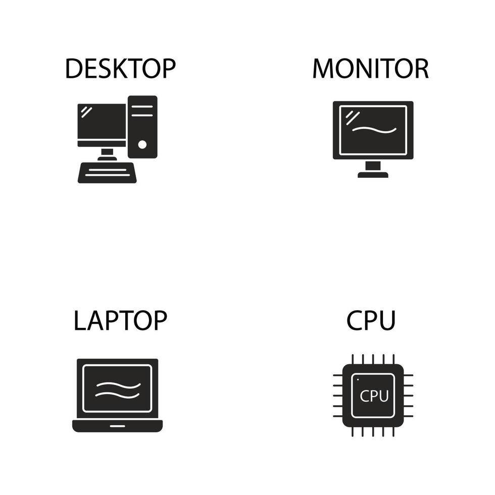 Symbole für Computerkomponenten festgelegt. Computerkomponenten packen Symbolvektorelemente für das Infografik-Web vektor