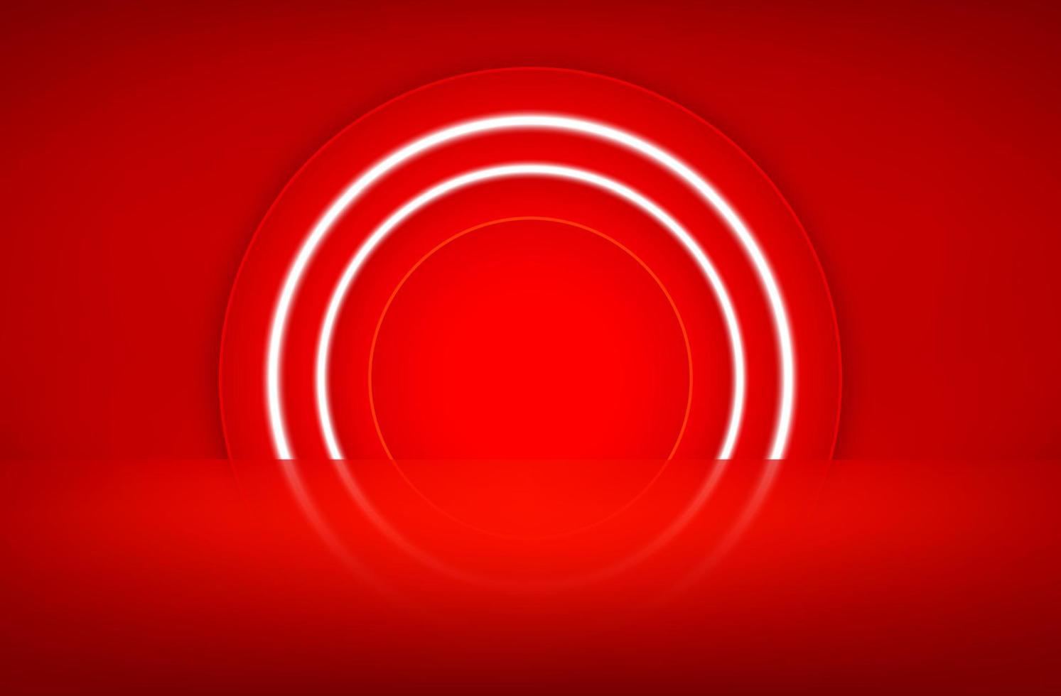 tom röd studio och en fördjupning upplyst av lyktor neonljus. ledigt utrymme för produktpresentation. röd bakgrund abstrakt. 3D vektorillustration. vektor