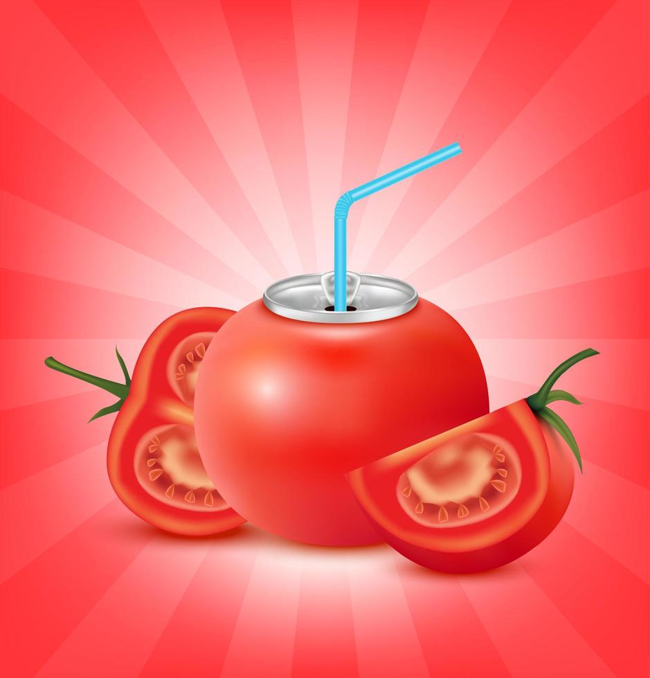 färsk tomatjuice läsk med lock aluminiumburk och sugrör. isolerad på en röd bakgrund. hälsosam fruktdryck koncept. realistisk 3d vektor eps10 illustration.