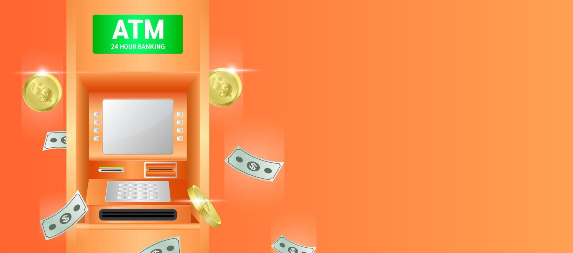 Geldautomat automatisiert auf orangefarbenem Wandhintergrund. Geldautomat 24 Stunden. Dollarscheine strömen und Goldmünzen fallen. Geldtransfers Finanztransaktionen. vorlage für werbung horizontaler langer vektor. vektor