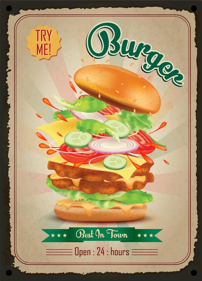 hamburgare vintage restaurang tecken. snabbmat vintage affisch. retro design med stor hamburgare på gamla metall bakgrund röda och turkosa färger. väggdekoration utskriftsmedia. vektor eps10 illustration.