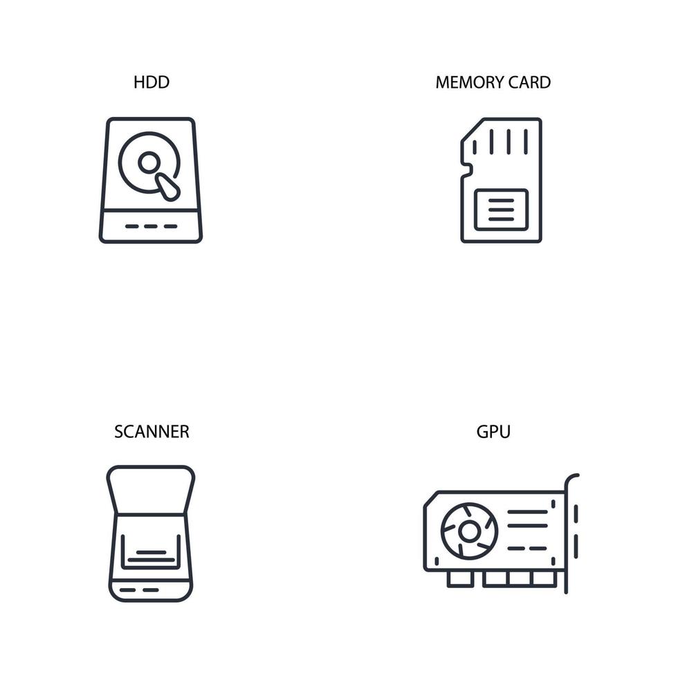 Symbole für Computerkomponenten festgelegt. Computerkomponenten packen Symbolvektorelemente für das Infografik-Web vektor