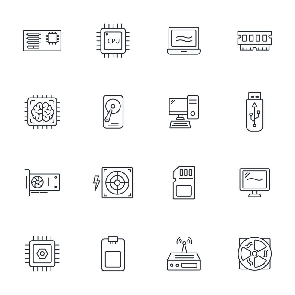 Symbole für Computerkomponenten festgelegt. Computerkomponenten packen Symbolvektorelemente für das Infografik-Web vektor