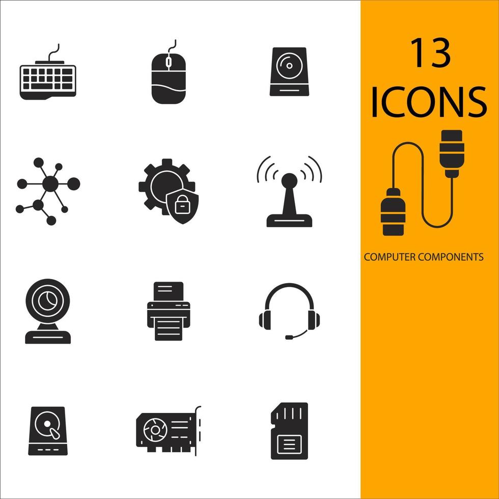 Symbole für Computerkomponenten festgelegt. Computerkomponenten packen Symbolvektorelemente für das Infografik-Web vektor