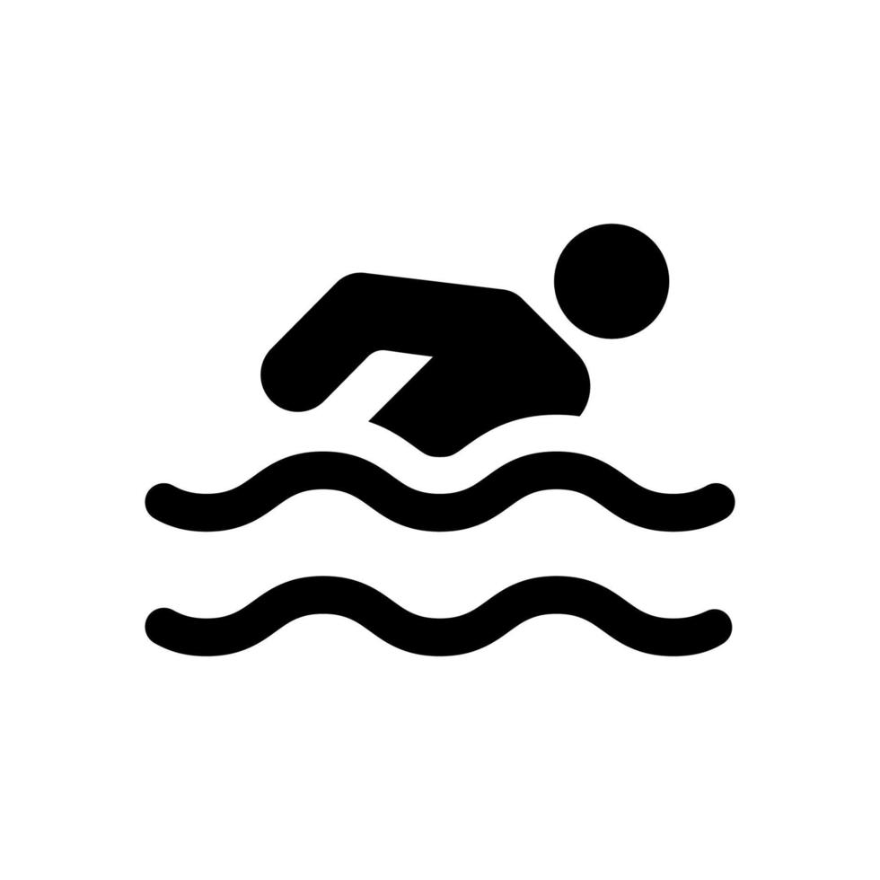 Athlet Strichmännchen schwimmen im Meer schwarze Silhouette Symbol. Sportschwimmer tauchen im Pool-Glyphen-Piktogramm. menschliche einfache figur bewegung im wasser flaches symbol. Menschen schwimmen am Strand. isolierte Vektorillustration. vektor
