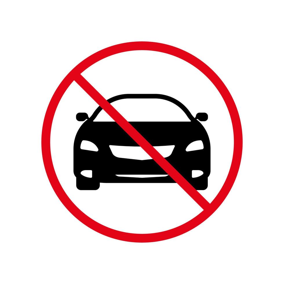 Autofahren verboten schwarze Silhouette Symbol. Piktogramm für Fahrzeugauto-Autoverbot. kein Autotransport verbotenes Straßenschild. fahrzeug auto rotes stoppkreissymbol. isolierte Vektorillustration. vektor