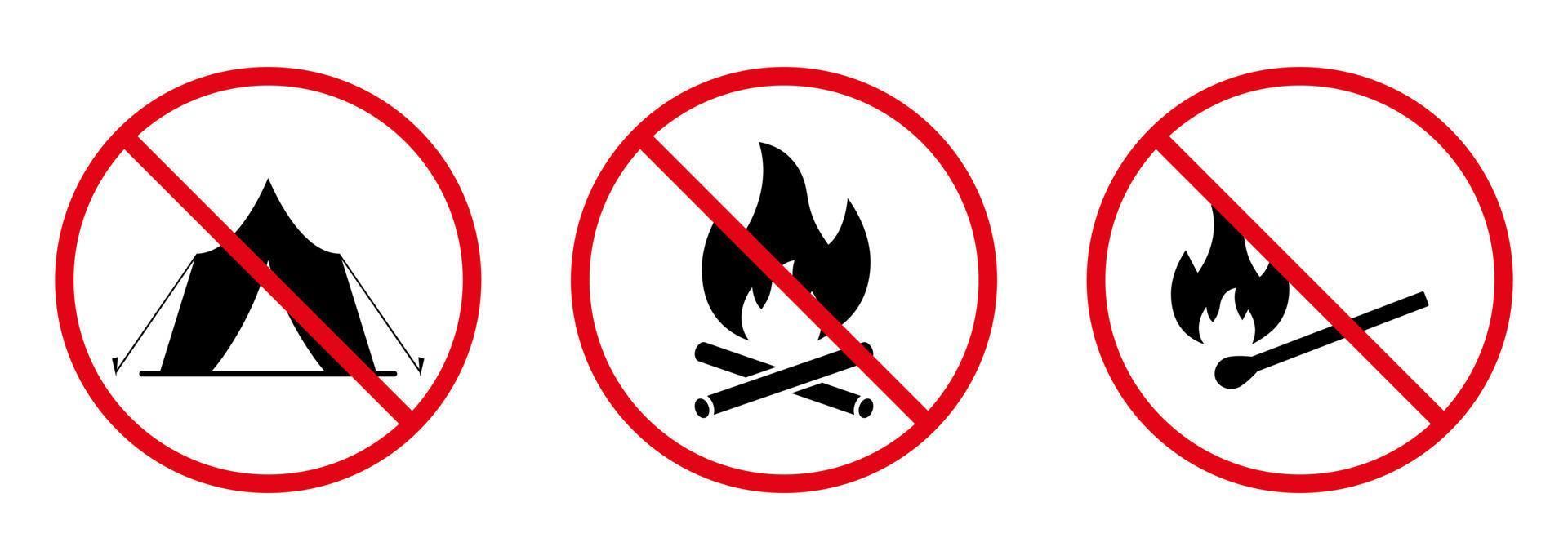 försiktighet förbud bål tändsticka svart siluett ikonuppsättning. förbjuda brandzonen för camping. piktogram för förbjudet lägerområde. trä tändsticka stick stopp symbol. ingen tillåten låga skylt. isolerade vektor illustration.
