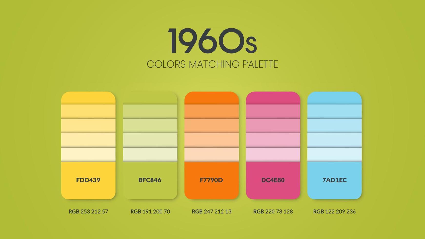 Ideen für Farbschemata der 1950er Jahre. Farbtrendkombinationen und Palettenführer. beispiel für tabellenfarbtöne in rgb und hex.farbmuster für mode, hause, innenarchitektur oder katalog.farbdiagrammvektor. vektor