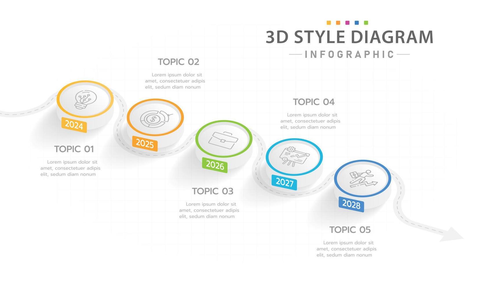 Infografik-Vorlage für Unternehmen. 5 Schritte moderner 3D-Timeline-Diagrammkalender mit Pfeilen, Präsentationsvektor-Infografik. vektor