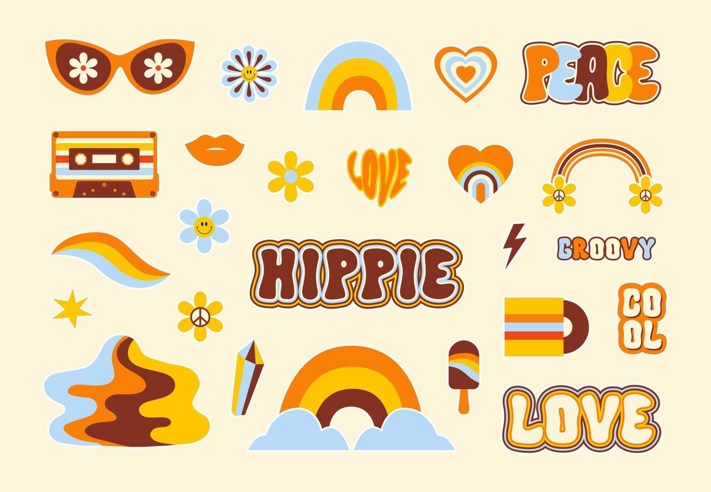 Hippie-Retro-Set-Symbole oder Aufkleber im Stil der 60er 70er Jahre. trendige vektorillustration. vektor