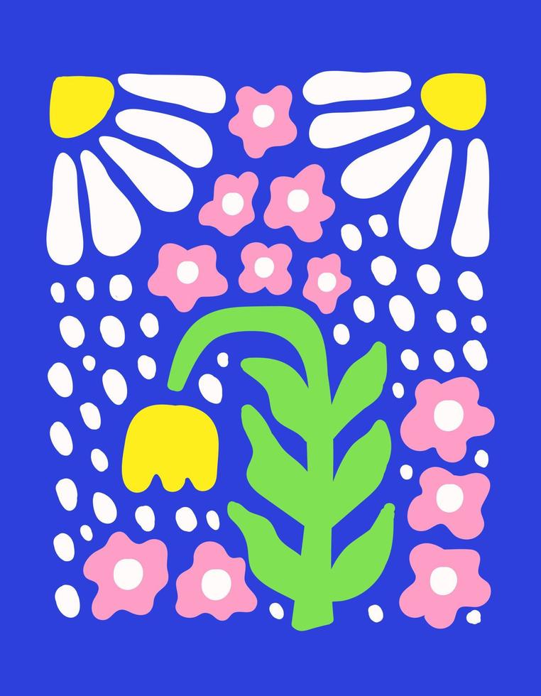 Abstraktes botanisches Poster mit verschiedenen blühenden, groovigen Blumen auf einem hellblauen Hintergrund. naive Kunstdekoration. trendige handgezeichnete vektorillustration vektor