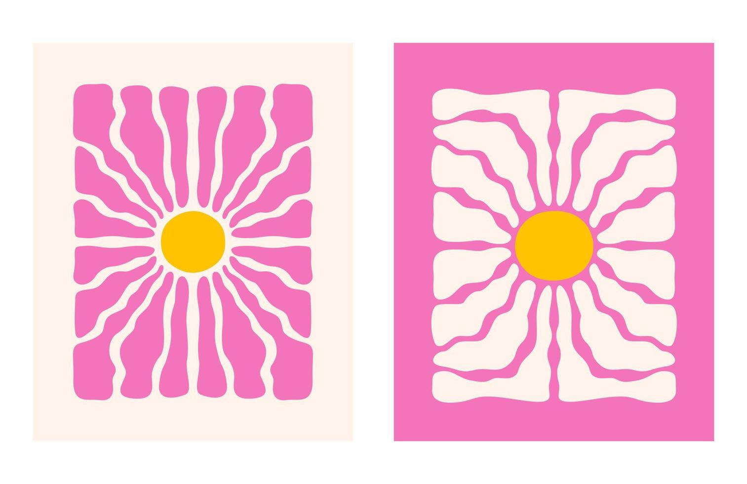 abstrakte Blumenset-Poster mit verschiedenen blühenden, groovigen Blumen. naives minimalistisches Kunstdekor. trendige handgezeichnete vektorillustration vektor