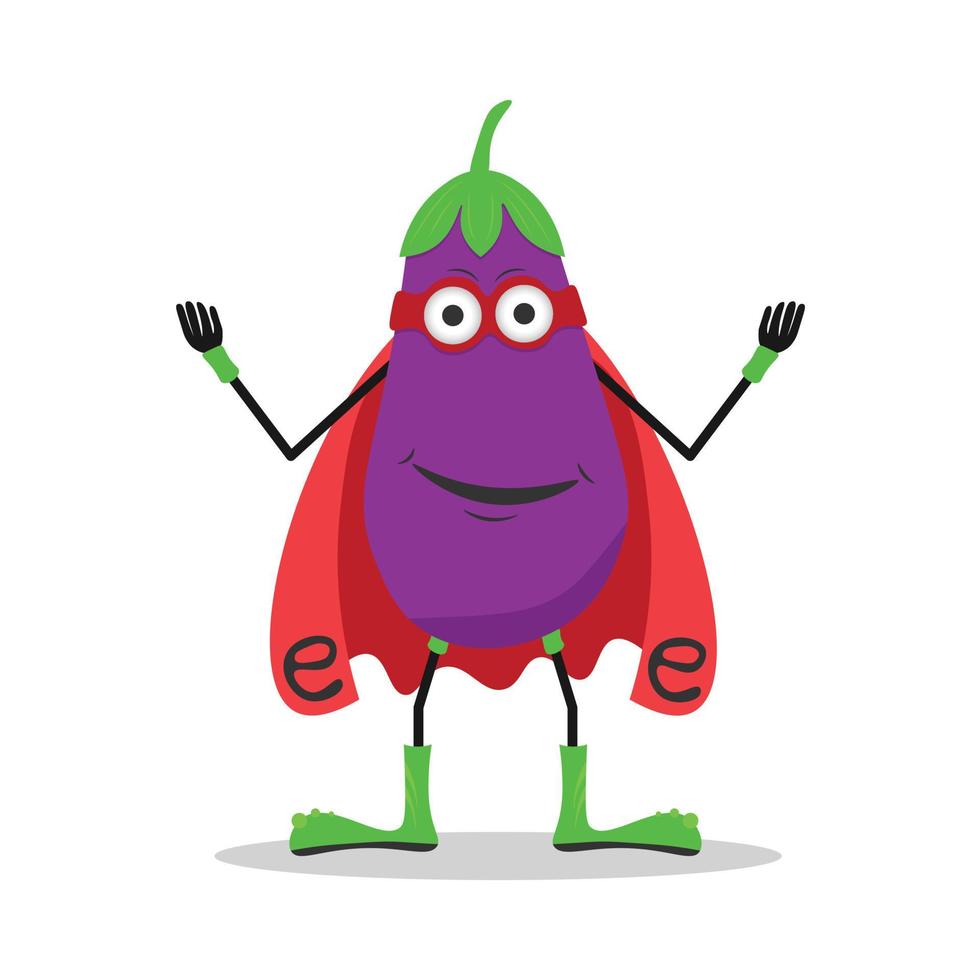 stark superhjälte aubergine vegetabiliska vektor seriefigur. rolig auberginemaskot som bär en röd cape och en hjältemask är en supernäringsrik mat