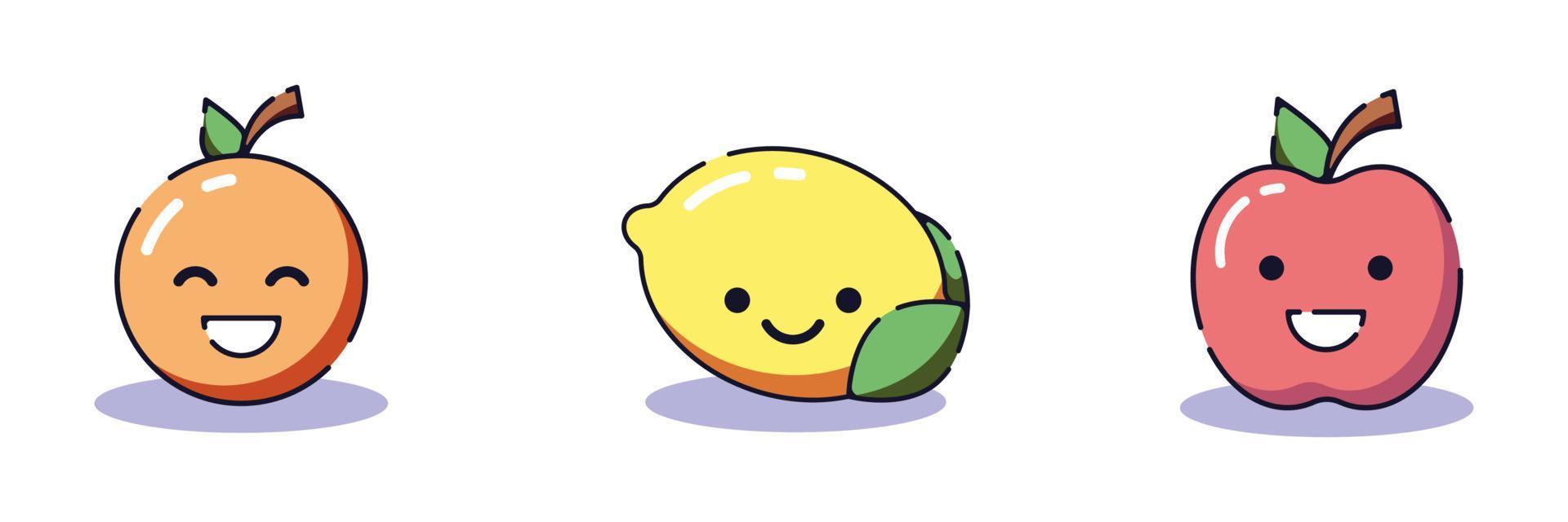 uppsättning livfulla illustrationer av emoji apelsin, citron, äpple. perfekt för webbplatser, artiklar, böcker, appar etc vektor