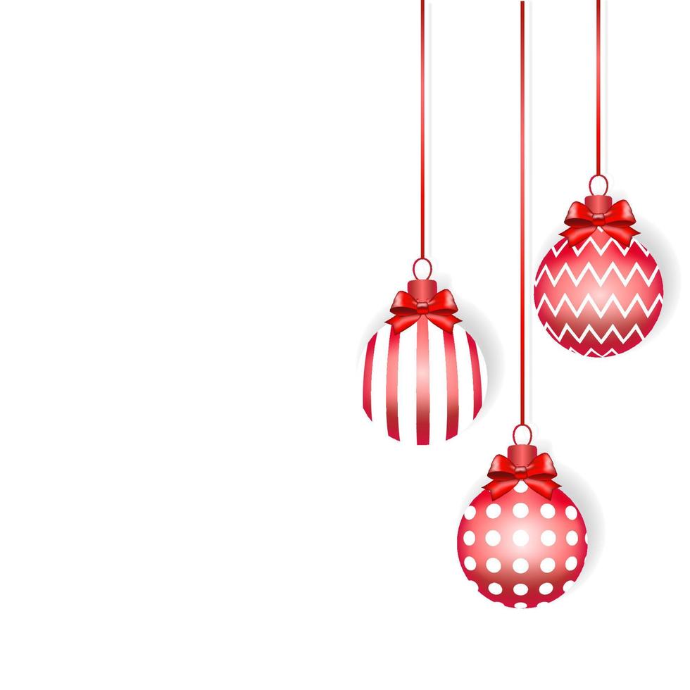 3 rote und weiße Weihnachtsbälle, die am Seil mit Kopienraum hängen. andere Verzierung. Weihnachtshintergrund. Grafikdesign. vektor