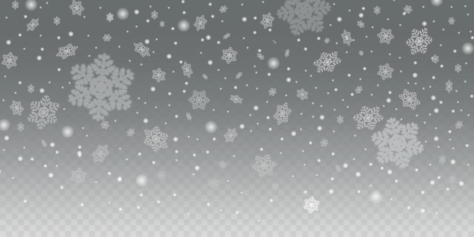 Schneeflocke transparenter Hintergrund. Schneeflocken fallen herunter, groß und klein, fokussiert und defokussiert. Grafikdesign. vektor