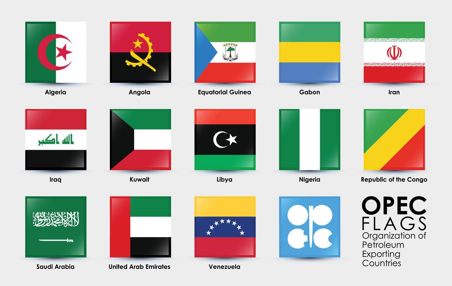 satz von opec 13 länderflaggen. einfache Designikonen der quadratischen Flaggen vektor