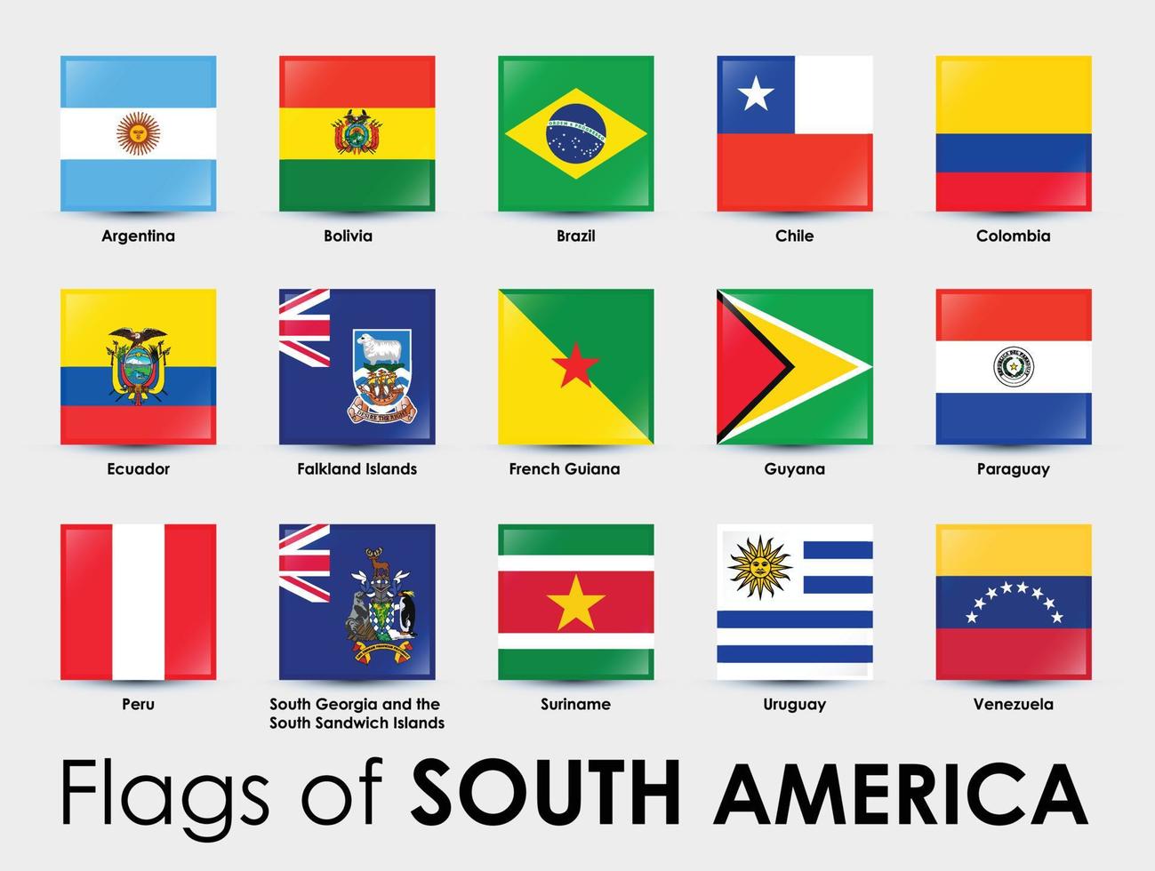 Reihe von südamerikanischen Flaggen. einfache quadratische Flaggen auf grauem Hintergrund. vektor