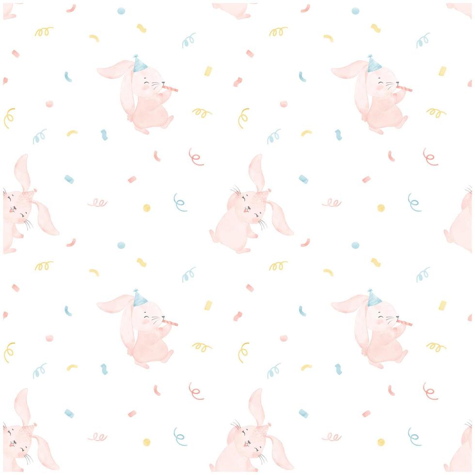 mönster sömlös bakgrund bebis söta rosa kaniner firar i fest akvarell plantskola djur hand rita illustration isolerad på vit bakgrund vektor