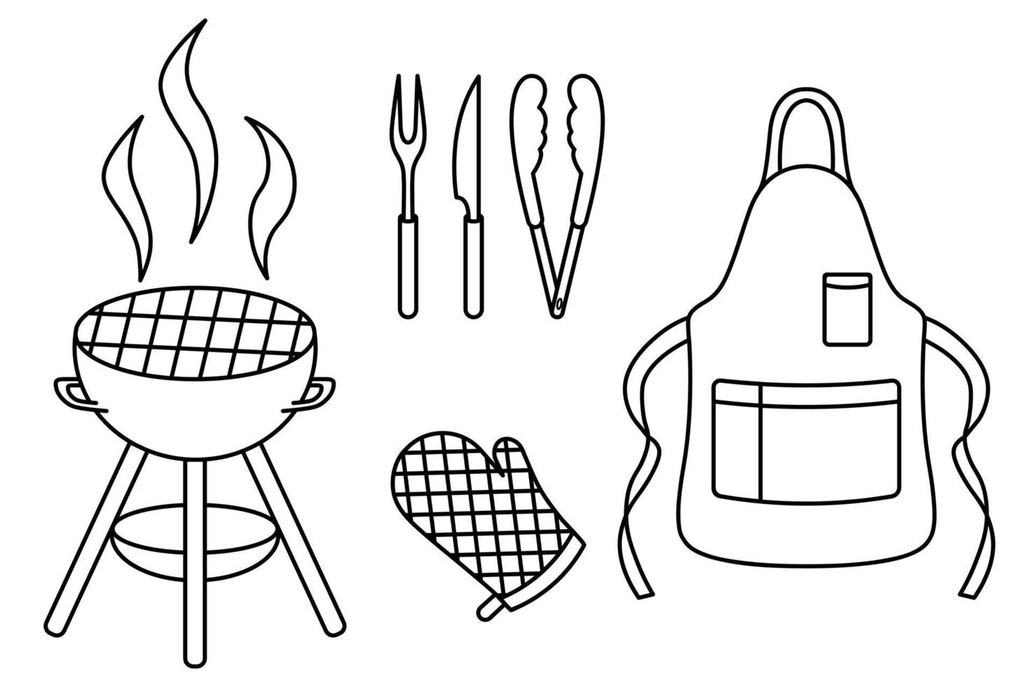 en uppsättning verktyg och overaller för att laga grillmat i doodle-stil vektor