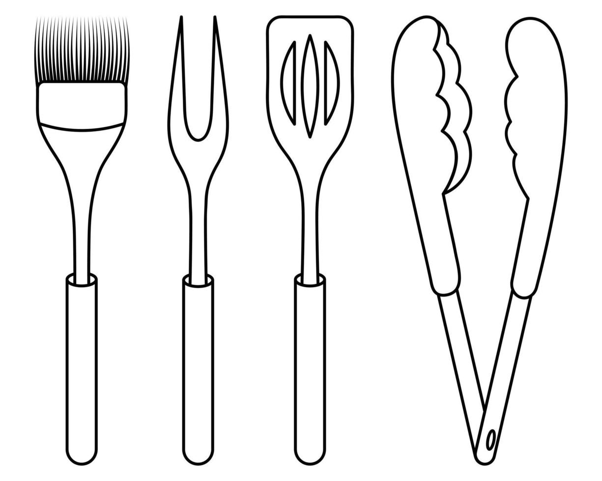 en uppsättning grillredskap. skiss. köttgaffel med två stift, spatel, tång och silikonborste. vektor illustration. färg. verktyg för att vända, flytta, ta bort och smörja grillad mat.