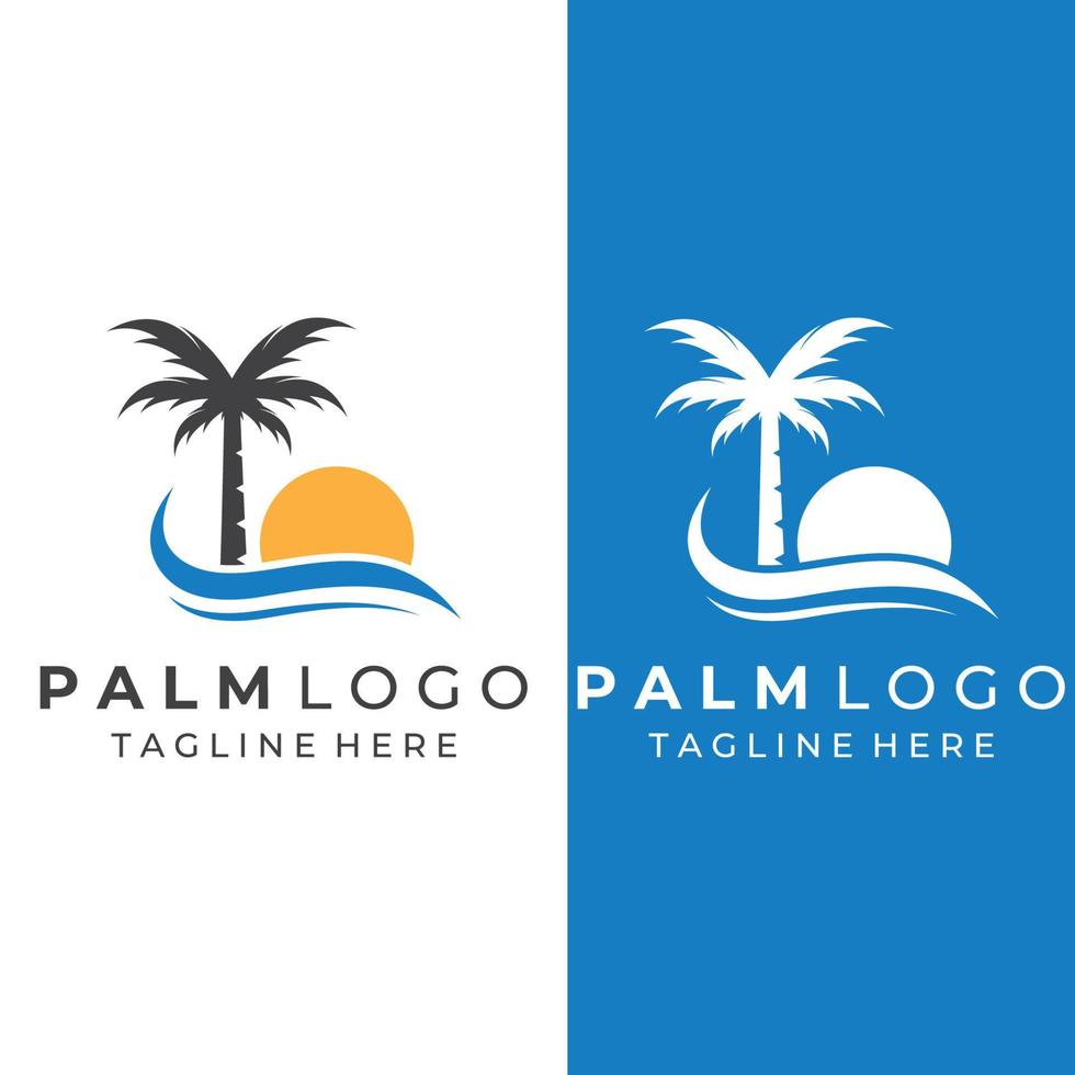 palmlogotyp, palm med vågor och sol. med hjälp av redigering av illustratörmalldesign. vektor