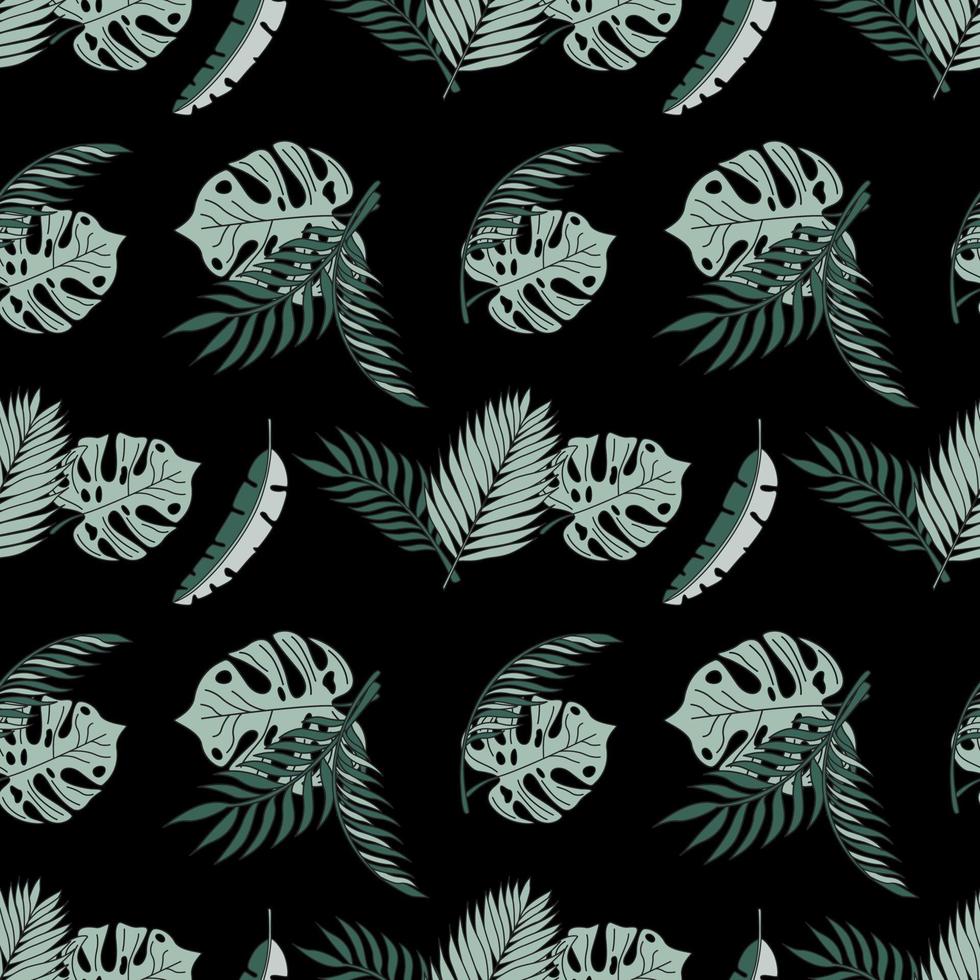Nahtloses Muster mit tropischen Blättern auf schwarzem Hintergrund. flache vektorillustration. vektor