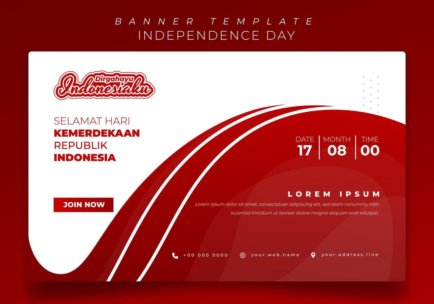 Banner-Template-Design mit schwenkendem rotem und weißem Hintergrund und indonesischem Text bedeutet, dass es ein glücklicher Tag der Unabhängigkeit Indonesiens ist vektor