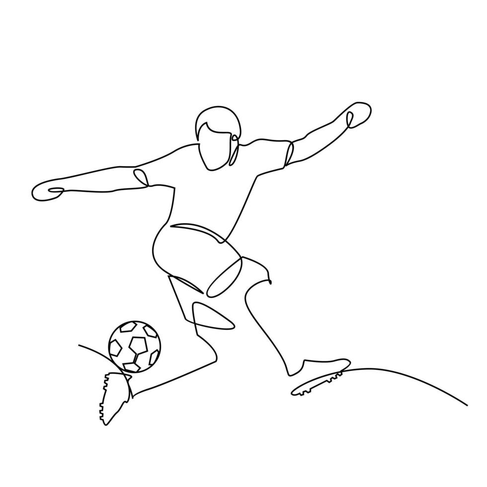 kontinuerlig linje illustration fotbollsspelare sparkar bollen vektor