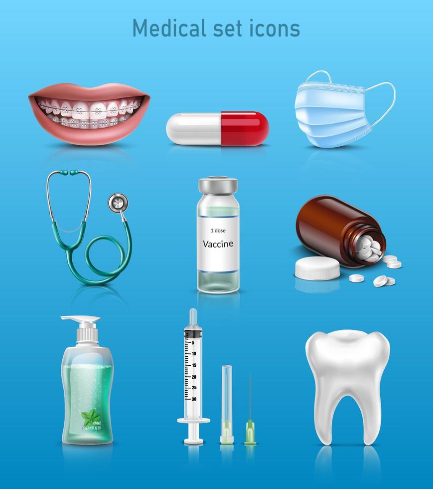 3D realistischer Vektorsatz von Medizinsymbolen. lächeln, kapsel, maske, stethoskop, impfstoff, pillenflasche, spritze und zahn. vektor