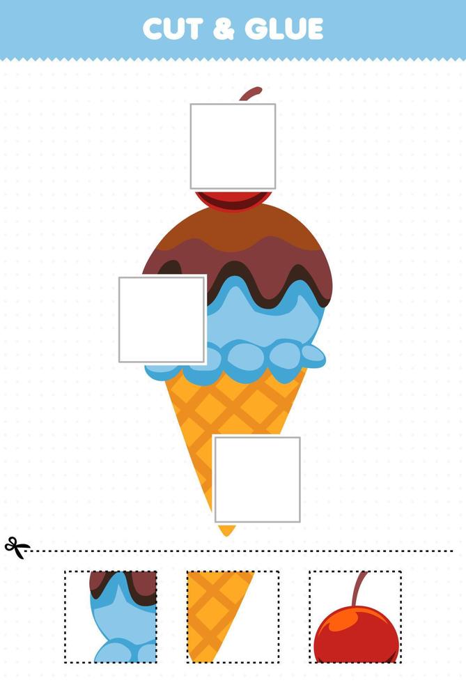 bildungsspiel für kinder schneiden und kleben schneiden sie teile von niedlichem cartoon essen eis und kleben sie druckbares arbeitsblatt vektor