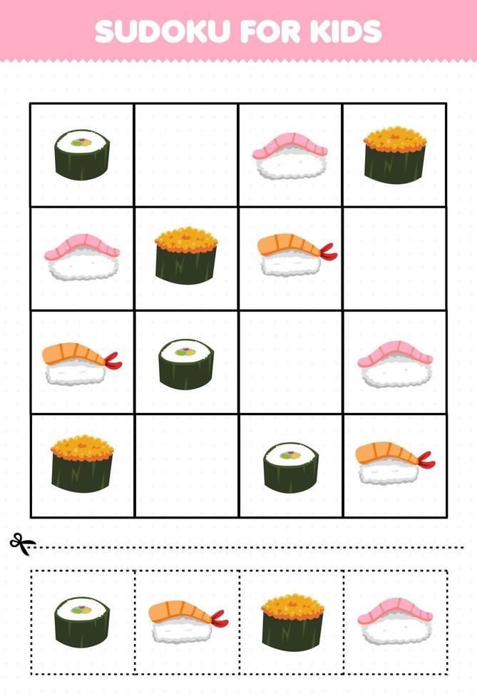 Lernspiel für Kinder Sudoku für Kinder mit Cartoon-Bildern von japanischem Essen und Sushi vektor