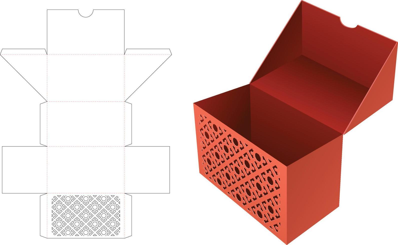 kartong flip box med dold stenciled mönster stansade mall och 3d mockup vektor