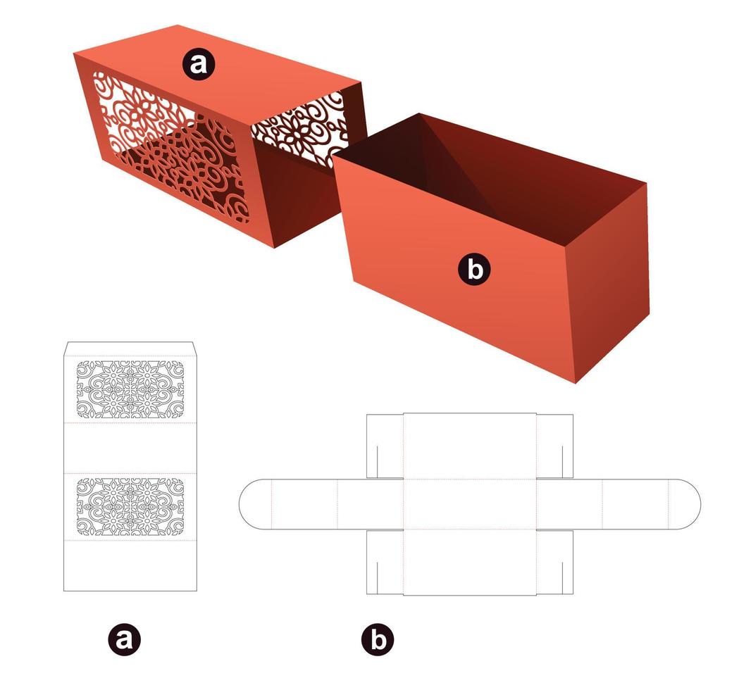 Schubladenbox mit schablonierter Musterabdeckung, gestanzte Schablone und 3D-Modell vektor