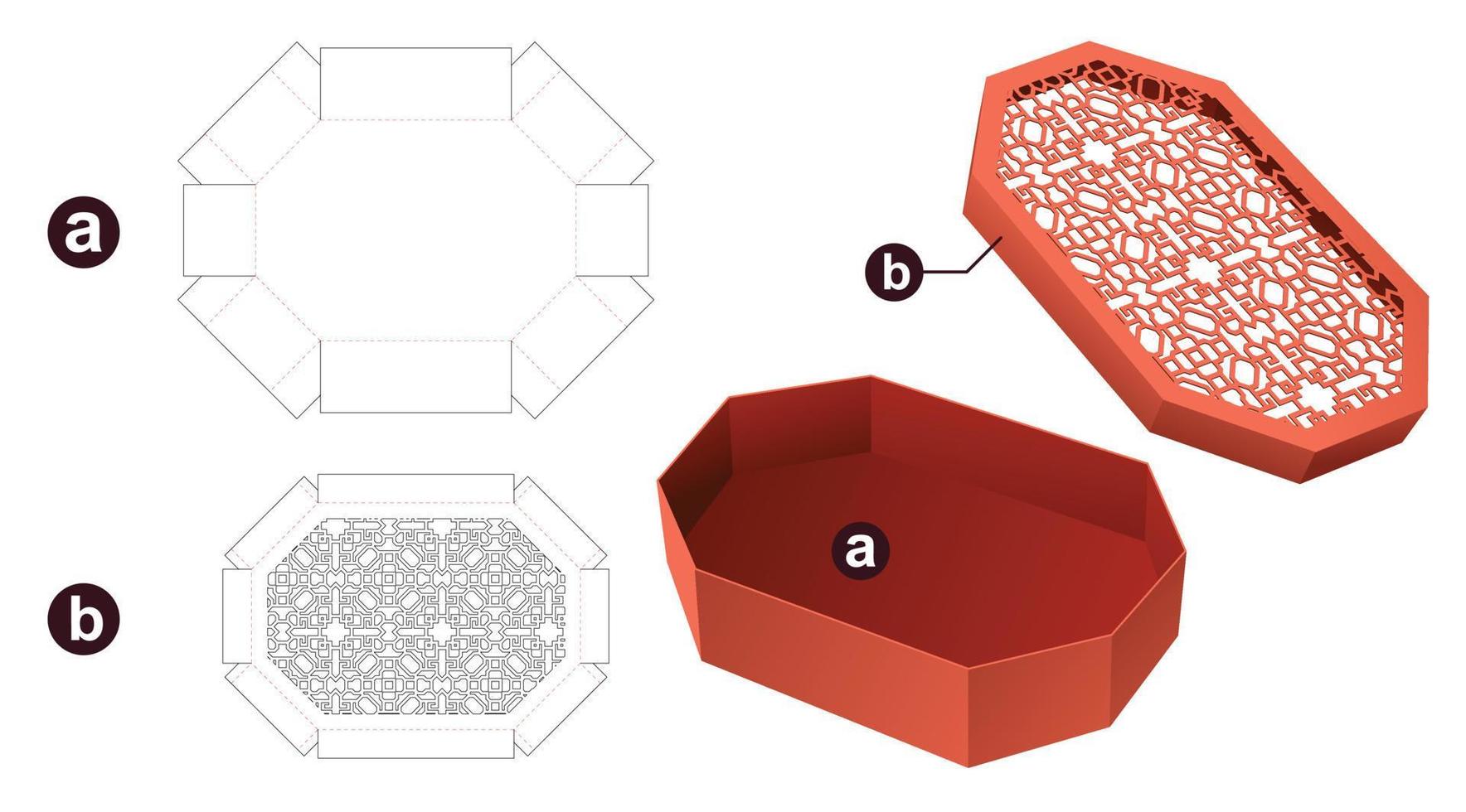 Achteckige Schachtel mit schabloniertem Musterdeckel, Stanzschablone und 3D-Modell vektor