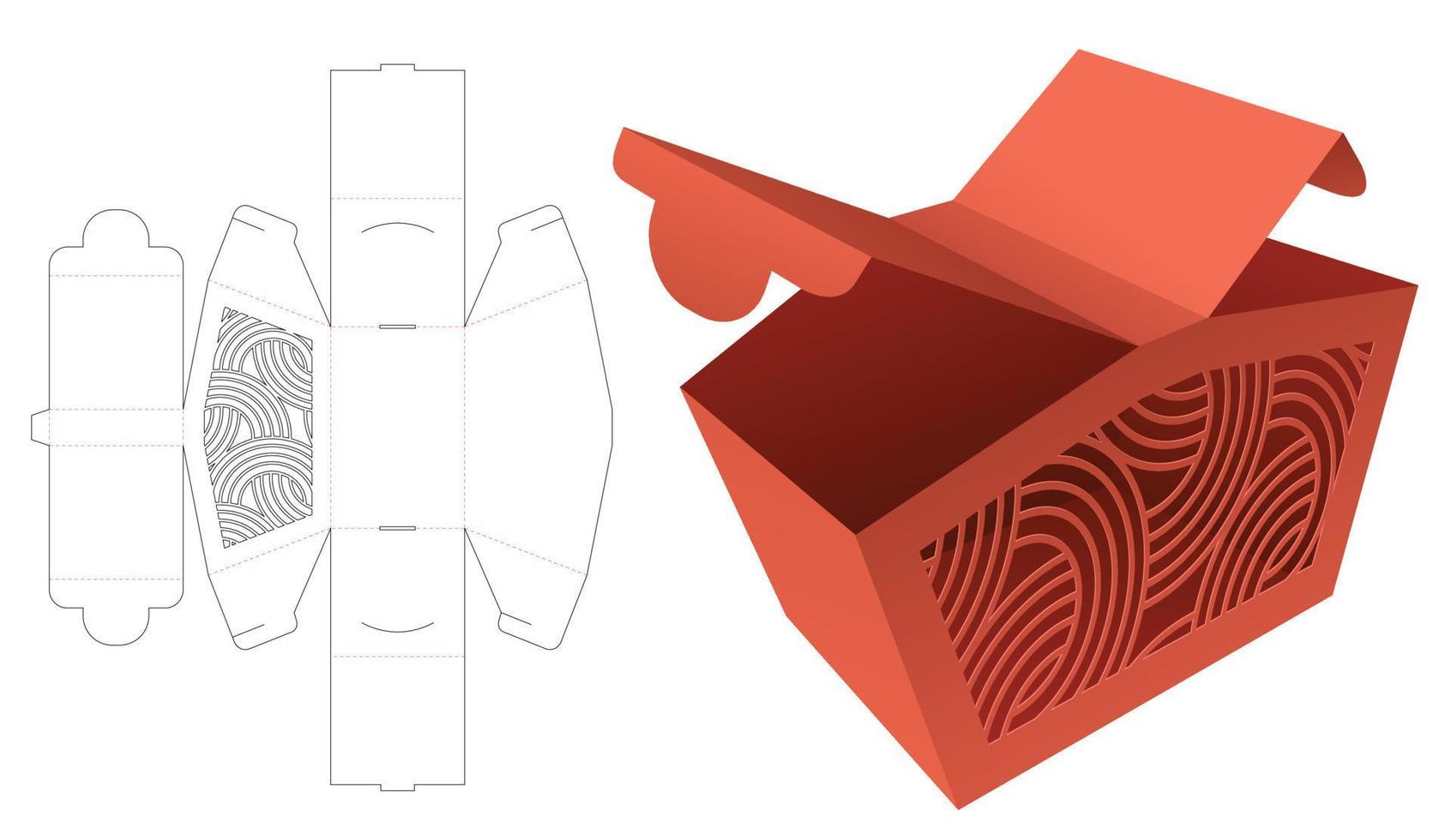 Box mit 2 Öffnungspunkten mit Fensterstanzschablone mit gebogenem Muster und 3D-Modell vektor